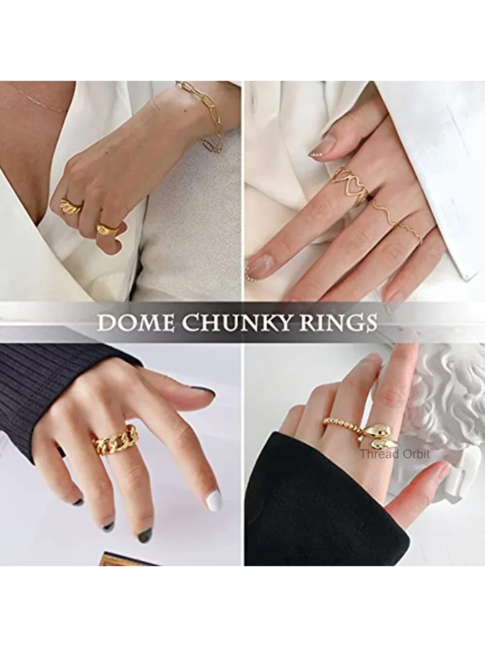 10 Chunky Dome Rings Set 18K Gold Plated Stackable Adjustable